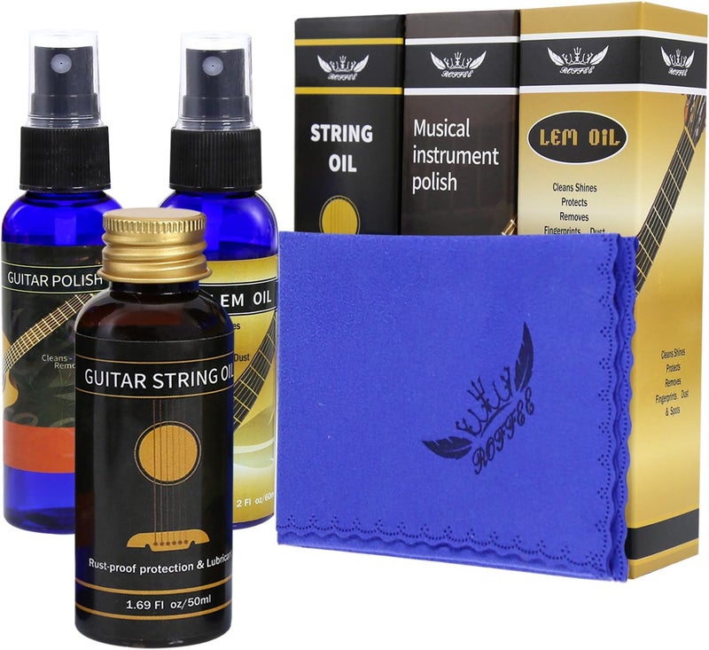 ROFFEE Store طقم العناية بالقيثارة الفاخر 3 قطع، زيت الليمون، ملمع، زيت أوتار القيثارة، لتنظيف وصيانة القيثارة - Image 1